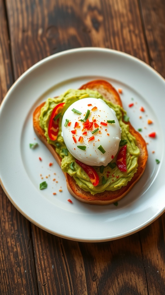 Gourmet Avocado Toast Recipe Gourmet avocado toast topped with poached egg and herbs on a wooden table.